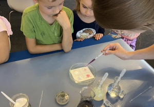 Zosia i Michał oglądają eksperyment z kolorami.