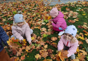 Dziewczynki robią bukiety z jesiennych liści.