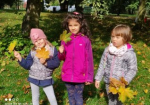 Dziewczynki prezentują jesienne liście.