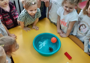Dzieci wrzucają do miski z wodą przedmioty, które pływają.